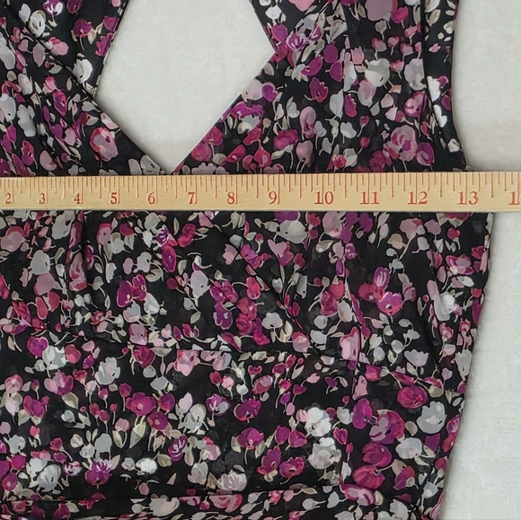 WHBM Floral Pink and Black Fit-and-Flare Ruffle Midi Dress Size 4 Cut-out Back. - Picture 12 of 13